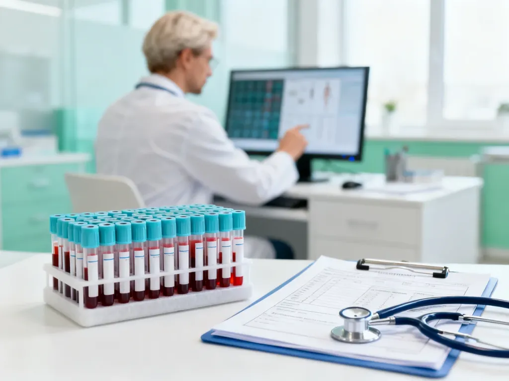 Lekarz analizuje wyniki badań laboratoryjnych przy biurku z probówkami krwi i stetoskopem, w nowoczesnej, jasnej przychodni